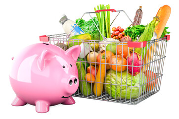 Poster - Piggy bank with shopping basket full of products. Savings concept, 3D rendering