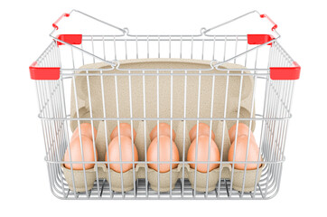 Poster - shopping basket with eggs in an egg carton. 3d rendering