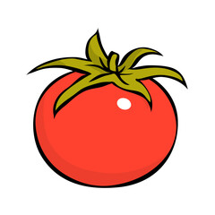 Ripe red tomato with leaves. Useful tasty vegetable. Healthy diet food. Vegetable fiber. Agricultural harvest. Cartoon vector art illustration isolated on white background. Hand drawn sketch