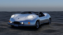 Silver Sports Car Cabriolet On An Isolated Background With Sand. Original Design. 3d Illustration