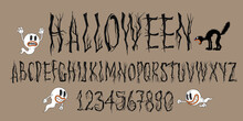 Tree Branches Font Alphabet. English Letters And Numbers Formed By Bare Branches. Halloween Dead Forest. Vector Illustration.