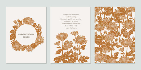 Flowers Chrysanthemum greeting card template in minimal line art style. Cover, seamless background, frame.