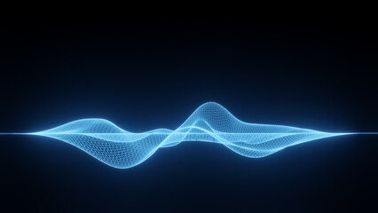 Modern abstract blue glowing grid or wireframe structure as virtual background or digital technology, science or data concept, sound wave visualization, cgi 3D render