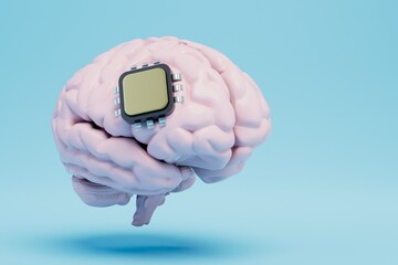 Poster - implantation of a microchip in the brain. automated brain functioning. brain with a chip on a blue background. 3D render
