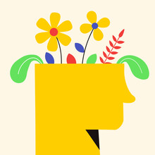 Human Hand Silhouette With Stick Out Flower Bouquet. Mental Health Concept Illustration Trendy Color Style For Psyhology Book, Medical Metaphor, Poster, Flyer, Booklet, Social Media, Advertising