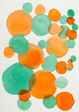 Abstract Gradient Watercolor Circles Isolated On White, Round Shape Background. Watercolour Stains Aquarelle Texture Orange Green