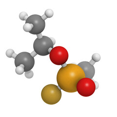 Sticker - Sarin nerve agent, molecular model. Sarin is a chemical weapon, classified as a weapon of mass destruction.