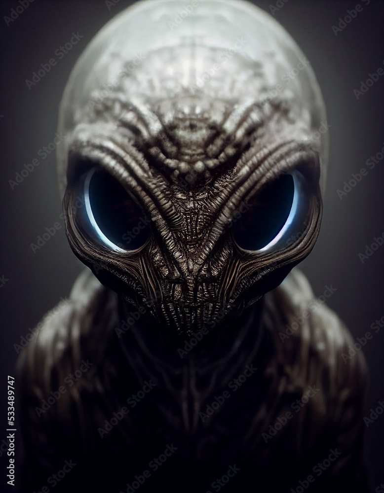 Unusual Reptilian Alien with Big Almond Shaped Eyes 3D Concept Art Illustration. Stunning Vertical Portrait of Extraterrestrial Life Creature. Dark Sci-Fi Horror Movie Creepy Demonic Character Artwork