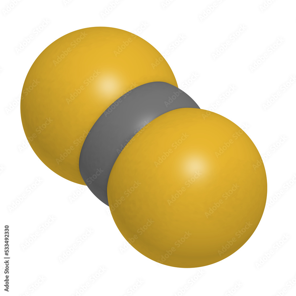 Carbon disulfide (CS2) molecule. Liquid used for fumigation and as ...