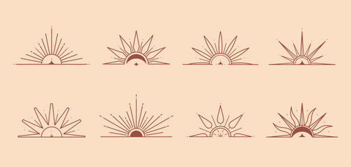 Wall Mural - Bundle of vector bohemian logo design templates with sun,moon,star and sunburst.Boho linear icons or symbols in trendy minimalist style.Modern celestial emblems.Branding designs templates.