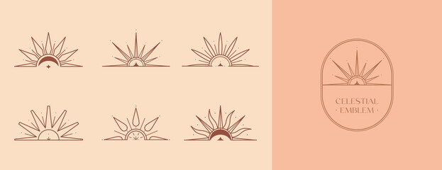 Wall Mural - Bundle of vector bohemian logo templates with sun,moon and sunburst.Boho linear icons or symbols in trendy minimalist style.Modern celestial emblems.Letters with Tierra del Sol means The Land of Sun