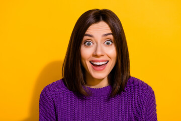 Poster - Photo of charming cheerful girl toothy beaming smile unbelievable isolated on yellow color background