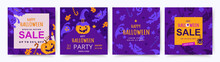 Halloween Holidays Square Templates. Halloween Party, Sale And Social Media Post. Vector Illustration For Mobile Apps, Banner Design And Web Internet Ads