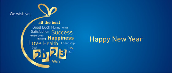 Happy New Year 2023 golden negative space numbers abstract christmas ball word cloud text white blue background vector greeting card