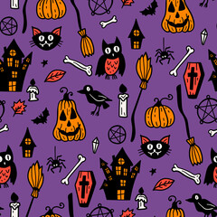 Wall Mural - Seamless vector pattern, magic hand drawn doodle. Magic haunted house, pumpkin, cat, bat, cobweb. Mystical holiday pattern.