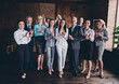 Full size portrait of group positive business people hands applaud clapping congrats raise achievement modern office indoors