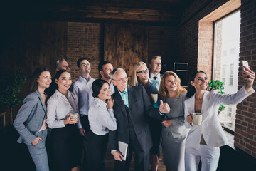 Sticker - Portrait of group business partners make selfie recording video loft room modern office indoors