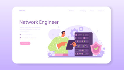 Wall Mural - Network engineer web banner or landing page. Specialist setting up