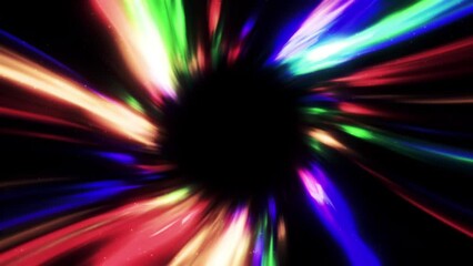 Poster - Colorful luminous flow in space. Motion. Colorful spots move in stream on black background. Colorful luminous flux in hyper tunnel