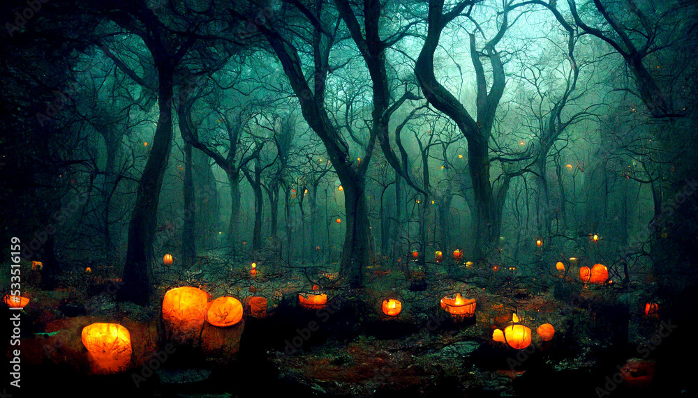 halloween forest background with pumpkins Stock Illustration | Adobe Stock