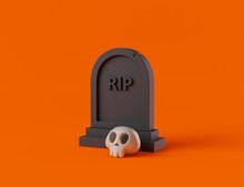 Simple Halloween Tombstone With Skull 3d Render Illustration. Isolated Object On Dark Background
