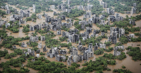 Wall Mural - flooded and overgrown post-apocalyptic city, aerial view