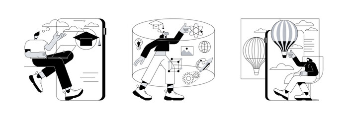 Poster - Interactive learning abstract concept vector illustration set. Mobile learning, augmented reality book, m-learning application, e-learning platform software, digital content abstract metaphor.