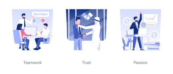 Poster - Corporate culture and values isolated concept vector illustration set. Teamwork organization, trust and honesty, passion for job in corporate culture, business partnership vector cartoon.