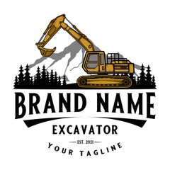 excavator vector logo. mountain and pine tree excavators for construction, land clearing and construction companies.