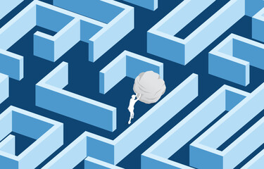 Poster - Silhouette of businessman pushing the rock in maze. Concept of business challenge and work hard.