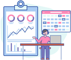 Poster - Analytics and development statistics. Web analysis measure, product testing technology. Woman analyses digital report. Statistical indicators and data on diagram. Graphic information visualization