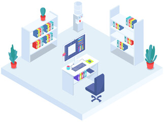 Poster - Office interior modern center creative workplace environment empty workspace flat vector premise with computer table, bookcase with books or documents, furniture, business rom, corporate job