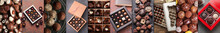 Collection Of Sweet Chocolate Candies On Dark Background, Top View