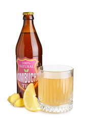 Wall Mural - Bottle and glass of delicious kombucha tea on white background