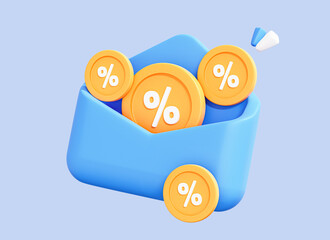 3D Open envelope with discount coupon or voucher. Special offer for shopping with sale and percent. Loyalty program promotion. Cartoon creative design icon isolated on blue background. 3D Rendering