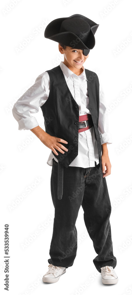 Little boy dressed as pirate on white background