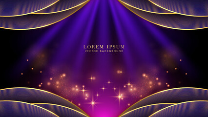 Wall Mural - luxury style design background with gold curve, golden lines, blue rays sparkle glowing effect, and 