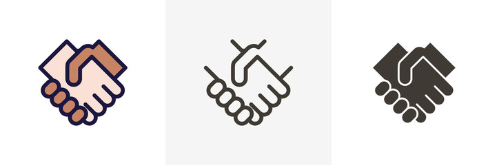 Wall Mural - Handshake Vector icon. Graphic elements of two hands shaking eachother. In 3 styles - Colored Filled outline, thin line outline and flat glyph. Business, friendship, teamwork, sales, deal