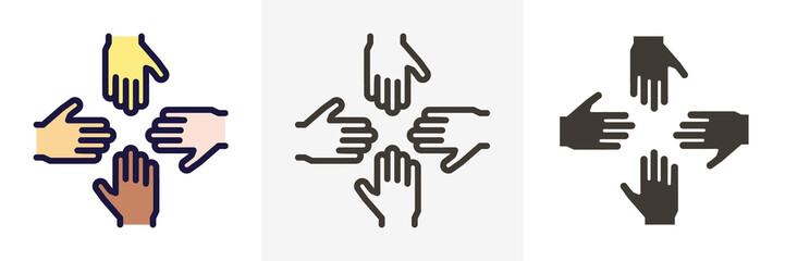 Wall Mural - Vector thin line icons with 4 hands. Concept design for teamwork, success, charity, business, volunteers, performance group, equality and other concepts