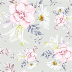 Wall Mural - elegant floral seamless pattern with beautiful flower and leaves watercolor
