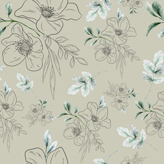 Wall Mural - elegant flower line and watercolor floral seamless pattern