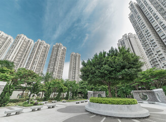 public park and high rise residential buildings in Hong Kong city