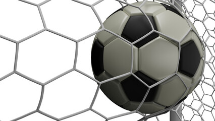 White-Black Soccer Ball in the Goal Net under white background. 3D illustration. 3D CG. 3D Rendering. High resolution. PNG file format.