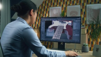 Poster - Woman designing 3D prototype of electric guitar using modern personal computer with 3D modeling program while working remotely from home