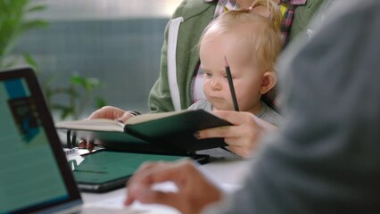 Aufkleber - Mother with baby, businesswoman with notebook and communication with worker in office at desk. Motherhood, inclusion and female with kid working with tablet, notes or book after maternity leave.