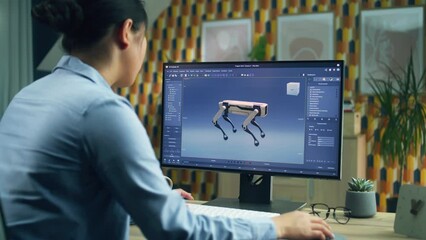 Aufkleber - asian woman working on pc in 3d modeling program remotely from home office and creating 3d prototype