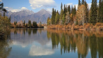 Wall Mural - autumn landscape with yellowed trees on banks of irkut river and mountains of eastern sayan in dista