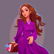 Attractive girl in purple dress. Beautiful female student hold book. Vector cartoon illustration of pretty fashion model, young woman with long hair. Portrait of romantic and smart lady