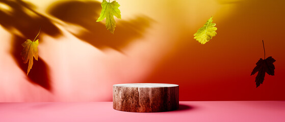 Poster - autumn leaves with a round podium - 3d render
