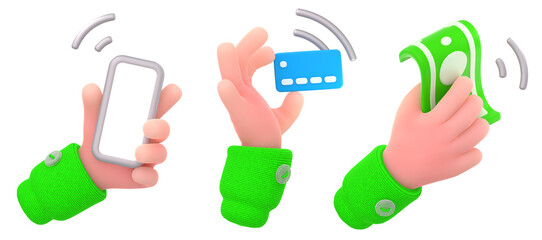Wall Mural - hands holding mobile phone, bank card and money for online or contactless payment. icons of digital 